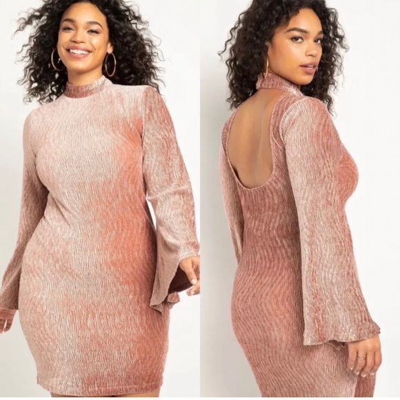 Eloquii Velvet‎ Ribbed Dress Flare Sleeve Pink Size 22 Plus Size Stretchy - Picture 1 of 9